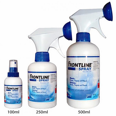 Sprays anti-puces Frontline : 100, 250 et 500 ml.