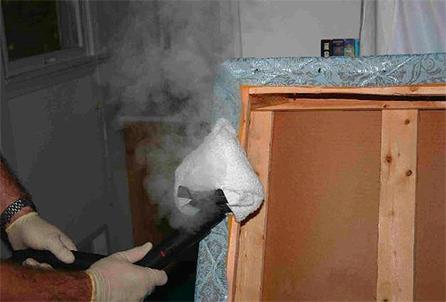 Un exemple de traitement des coutures d'un canapé infecté par des punaises de lit avec de la vapeur chaude