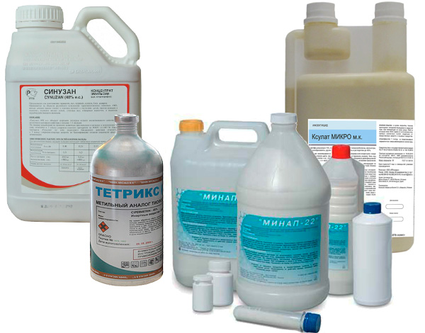 Exemples de préparations insecticides parfois utilisées par les professionnels dans le traitement des insectes.