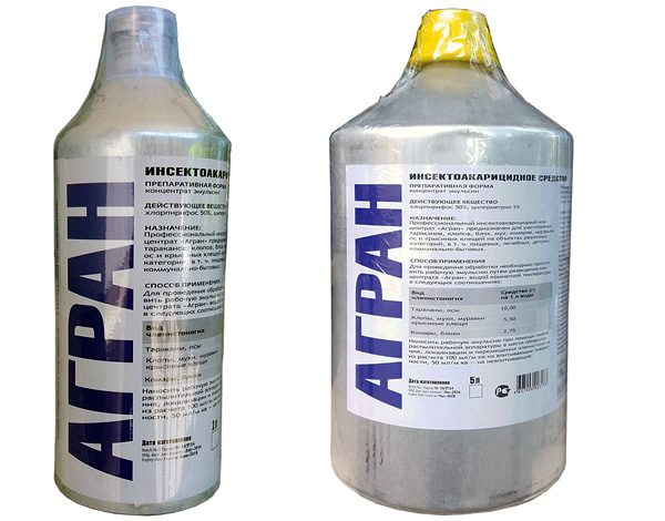 Agran en bouteilles de 1 et 5 litres (pour les exterminateurs professionnels).